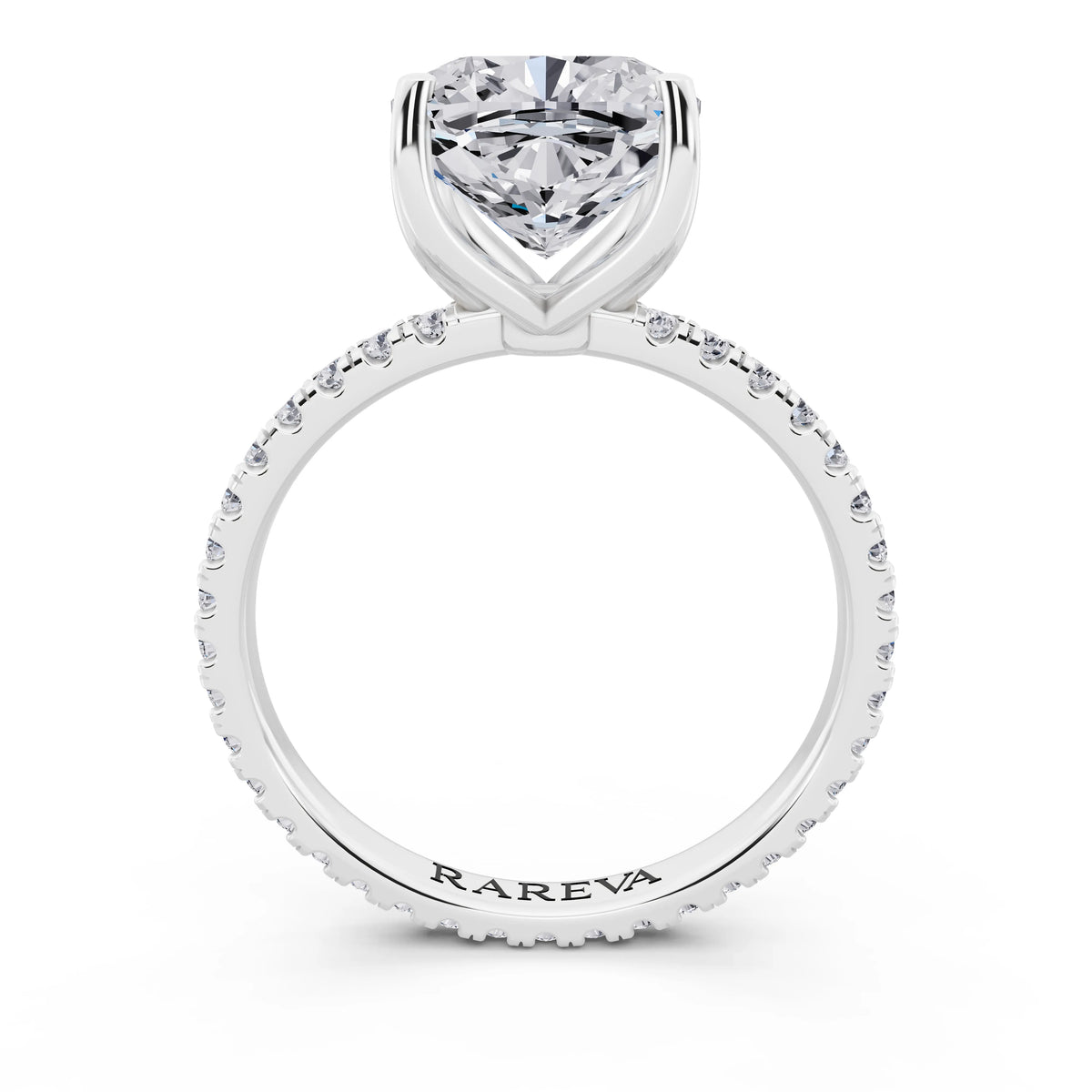 Platinum Cushion Cut Diamond Solitaire Ring with Pave Eternity Band - through finger