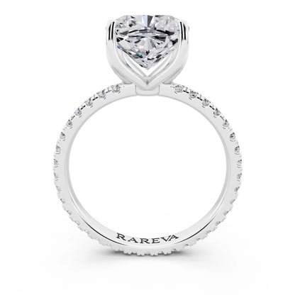 Platinum Cushion Cut Diamond Solitaire Ring with Pave Eternity Band - through finger