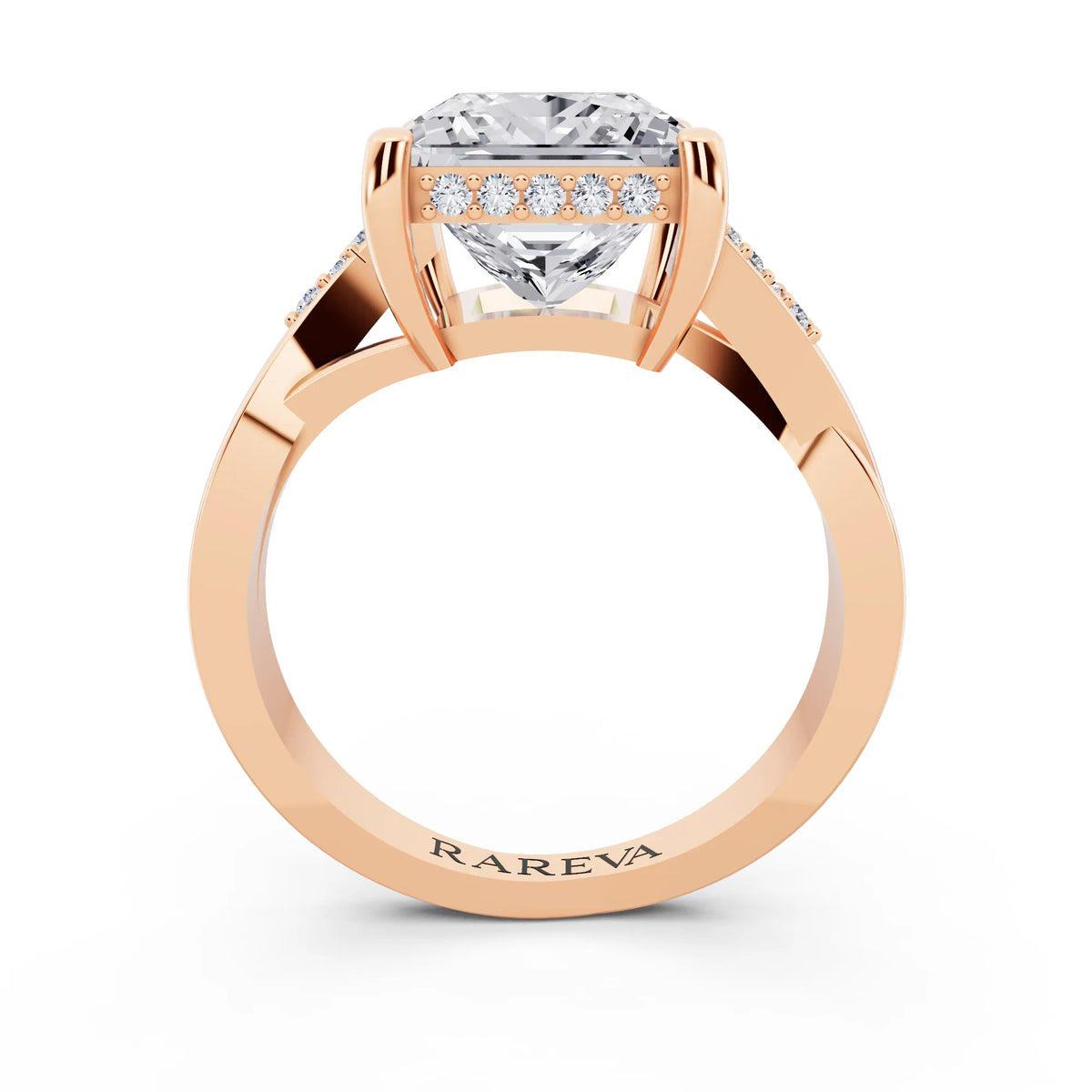 14 KT Rose Gold Princess Cut Diamond Split Shank Engagement Ring with Hidden Halo - through finger