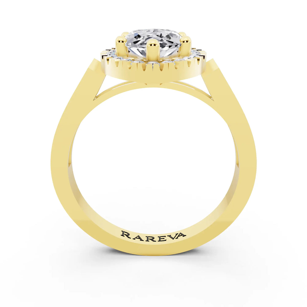 18 KT Yellow Gold Marquise Cut Diamond Halo Ring with Bezel Accent Band - through finger