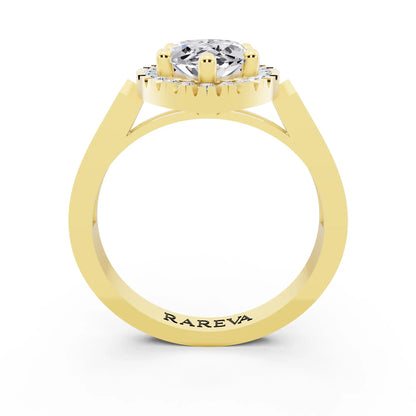 18 KT Yellow Gold Marquise Cut Diamond Halo Ring with Bezel Accent Band - through finger