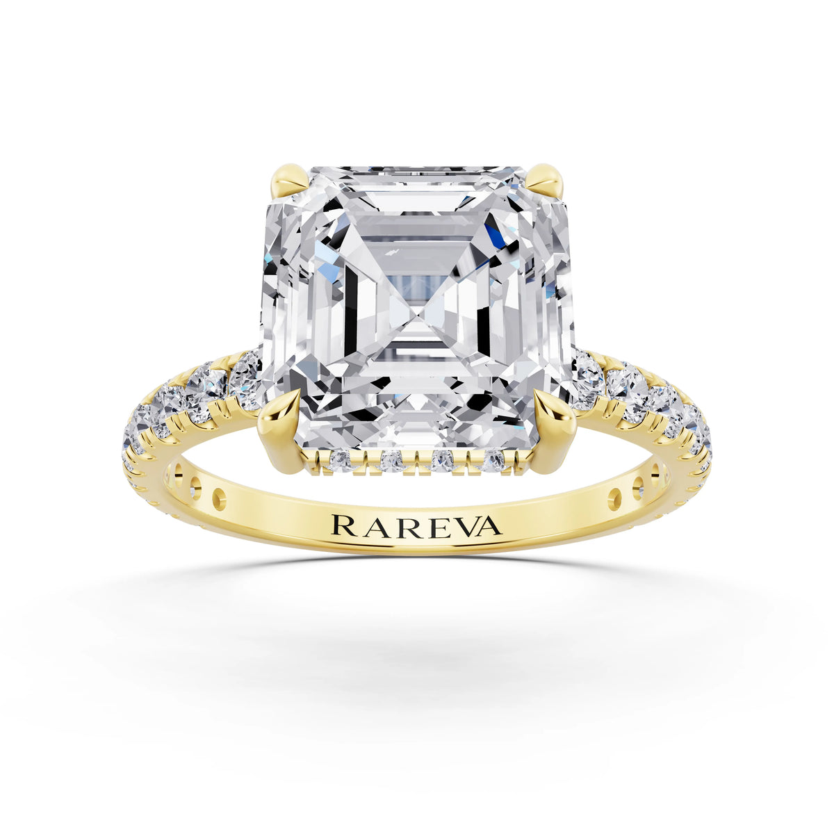 18 KT Yellow Gold Asscher Cut Diamond Solitaire Ring with Hidden Halo and French Pave Band - front view
