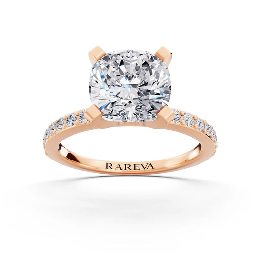 18 KT Rose Gold Cushion Cut Diamond Solitaire Ring with Pave Shank - front view