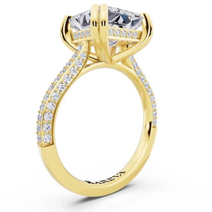 18 KT Yellow Gold Princess Cut Diamond Hidden Halo Double Claw Pave Band Ring - top view