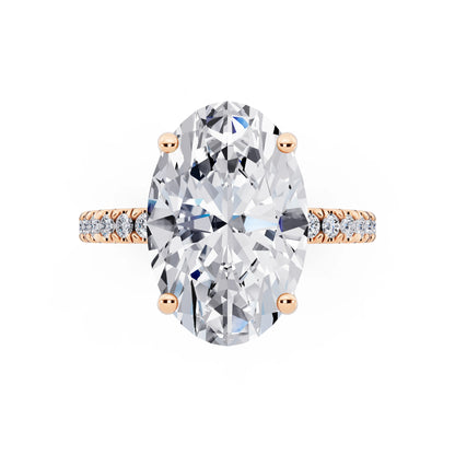 18 KT Rose Gold Oval Cut Diamond Solitaire Ring with Pave Eternity Band - top angle