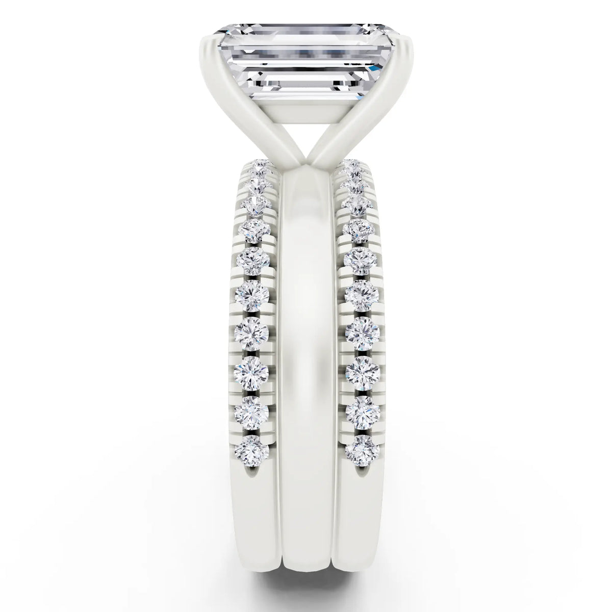 Platinum Emerald Cut Diamond Solitaire Twin Pave Band Stack Ring - side view