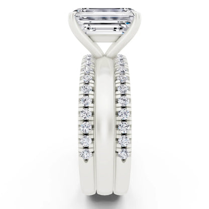 Platinum Emerald Cut Diamond Solitaire Twin Pave Band Stack Ring - side view