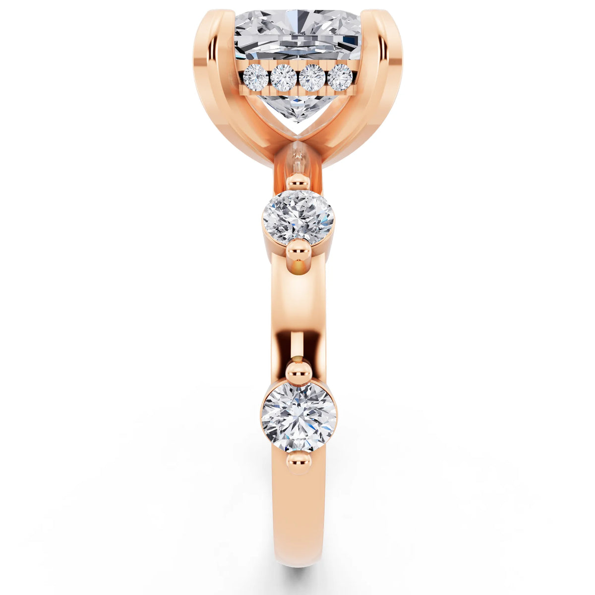 14 KT Rose Gold Cushion Cut Diamond Solitaire Ring with Floating Diamond Accents - side view