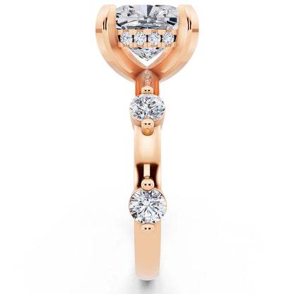 14 KT Rose Gold Cushion Cut Diamond Solitaire Ring with Floating Diamond Accents - side view