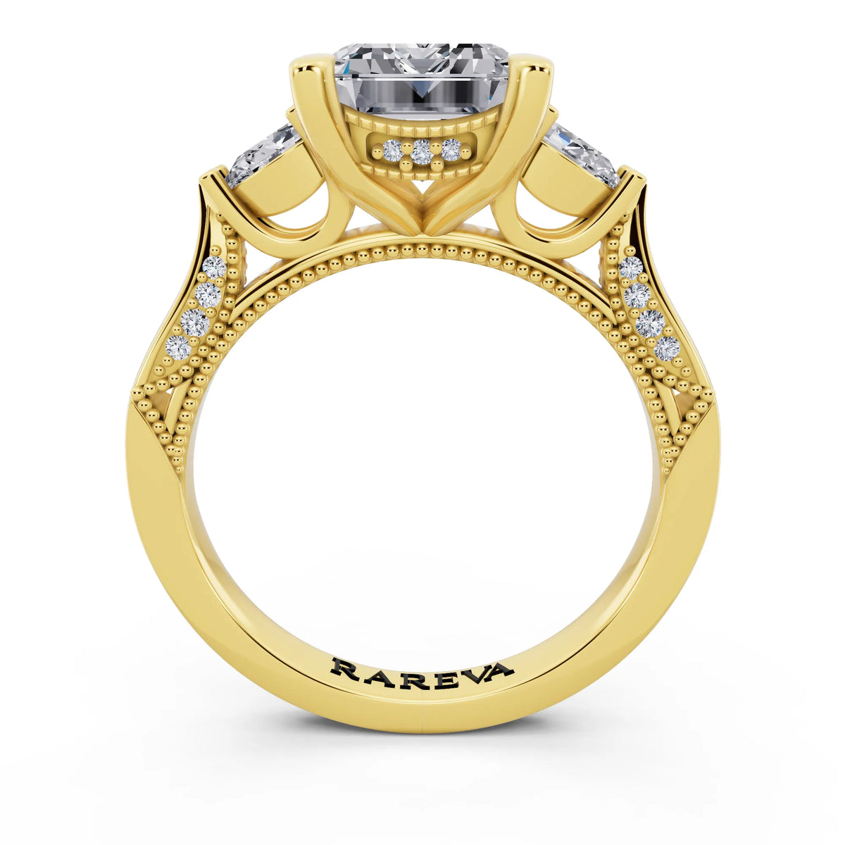 18 KT Yellow Gold Emerald Cut Diamond Three Stone Pear Accent Vintage Pave Ring - through finger
