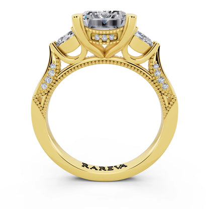 18 KT Yellow Gold Emerald Cut Diamond Three Stone Pear Accent Vintage Pave Ring - through finger