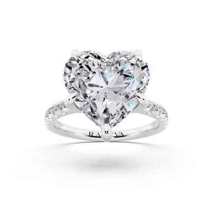 14 KT White Gold Heart Cut Diamond Hidden Halo Tiger Prong Pave Band Ring - front view