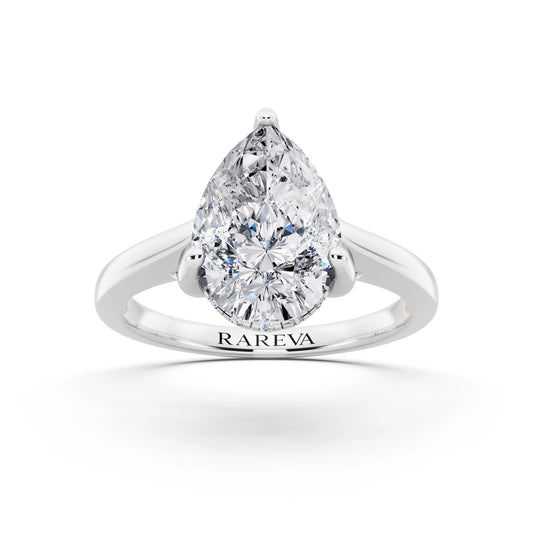 14 KT White Gold Pear Cut Diamond Solitaire Ring with Cathedral Band - front view