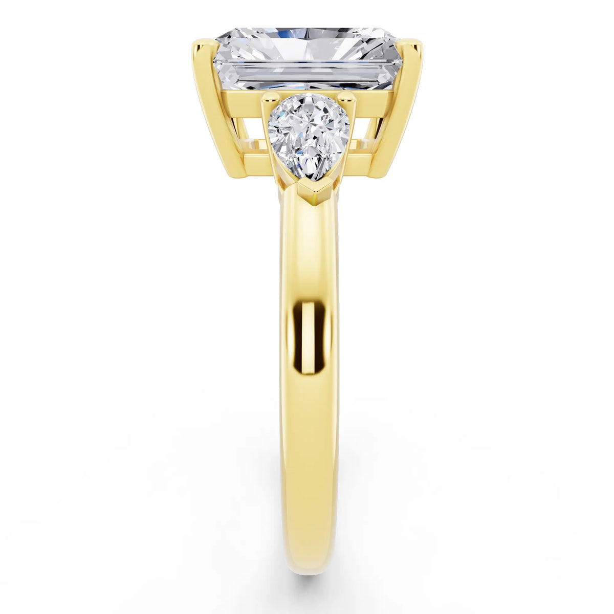14 KT Yellow Gold Radiant Cut Diamond Three Stone Pear Accent Ring - side view