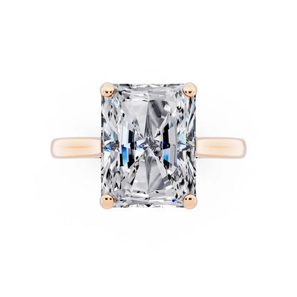 18 KT Rose Gold Radiant Cut Diamond Solitaire Ring with Cathedral Band - top angle