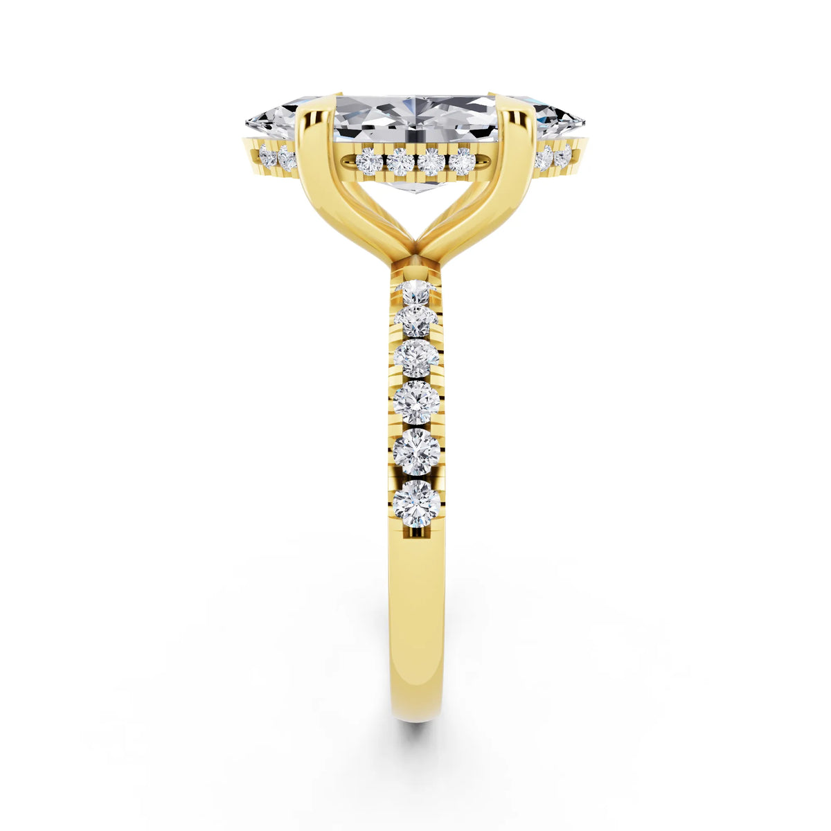 18 KT Yellow Gold Marquise Cut Diamond Solitaire Ring with Round Pavé Band and Prong Setting - side view