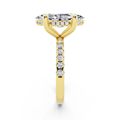 18 KT Yellow Gold Marquise Cut Diamond Solitaire Ring with Round Pavé Band and Prong Setting - side view