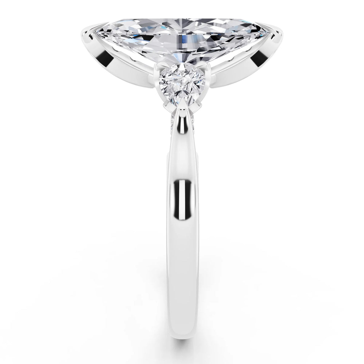 18 KT White Gold Marquise Cut Diamond Cluster Engagement Ring with Pear Accents and Pavé Band - side view