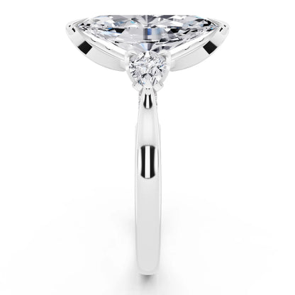 18 KT White Gold Marquise Cut Diamond Cluster Engagement Ring with Pear Accents and Pavé Band - side view
