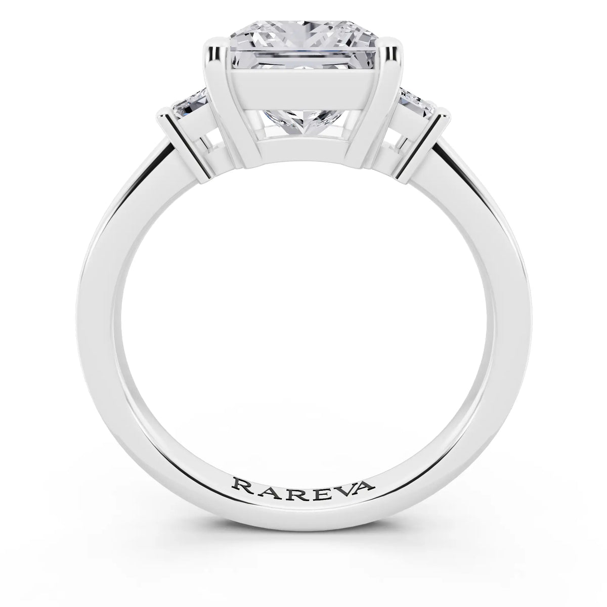 14 KT White Gold Princess Cut Diamond Three Stone Emerald Accent Ring - through finger
