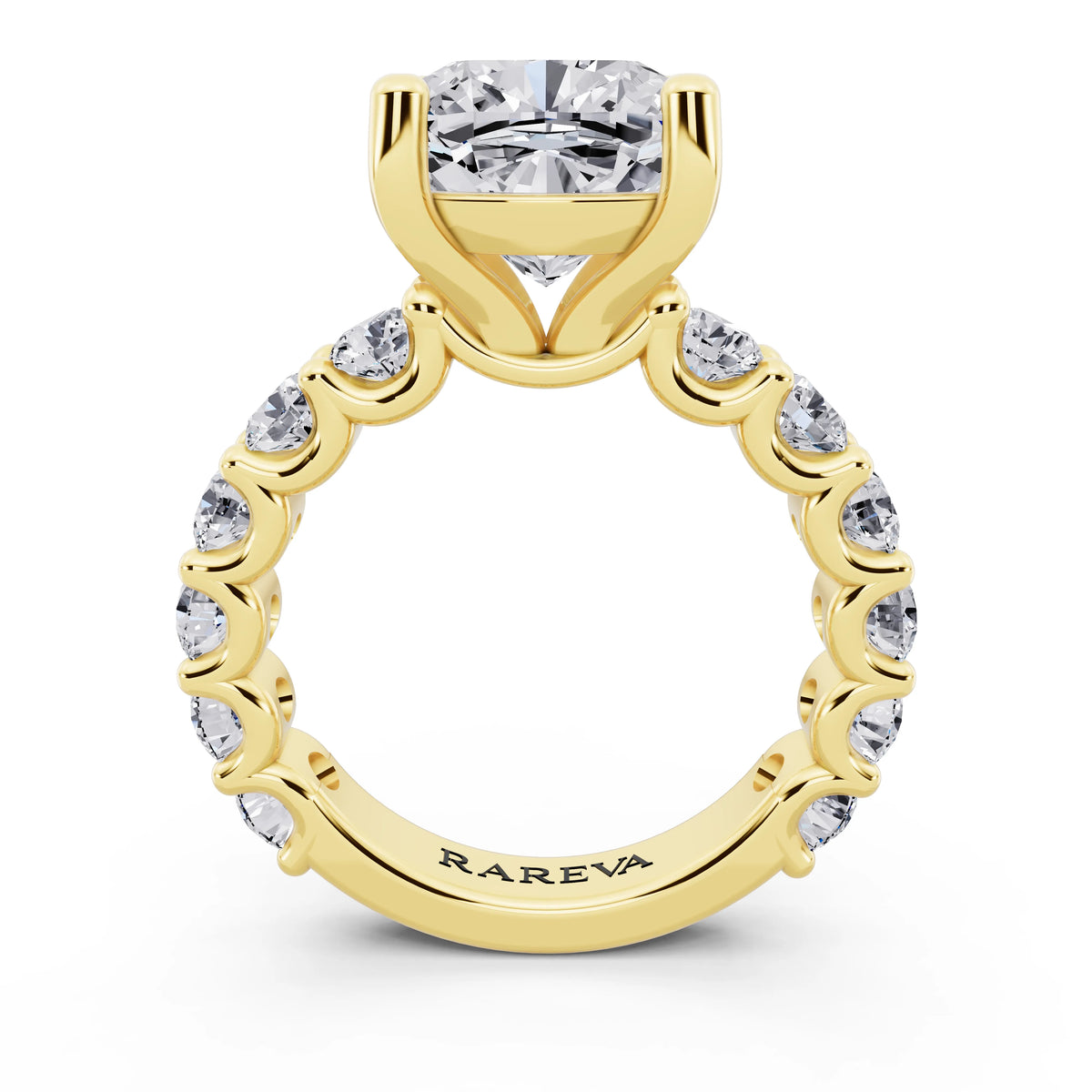 18 KT Yellow Gold Cushion Cut Diamond Ring with Shared Prong Eternity Band - through finger