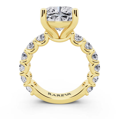 18 KT Yellow Gold Cushion Cut Diamond Ring with Shared Prong Eternity Band - through finger