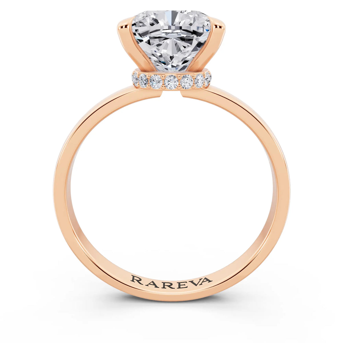 14 KT Rose Gold Cushion Cut Diamond Solitaire Ring with Pave Collar - through finger