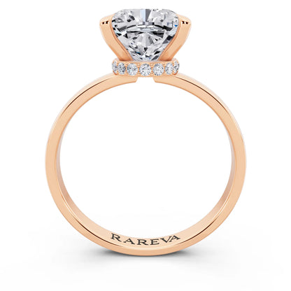 14 KT Rose Gold Cushion Cut Diamond Solitaire Ring with Pave Collar - through finger