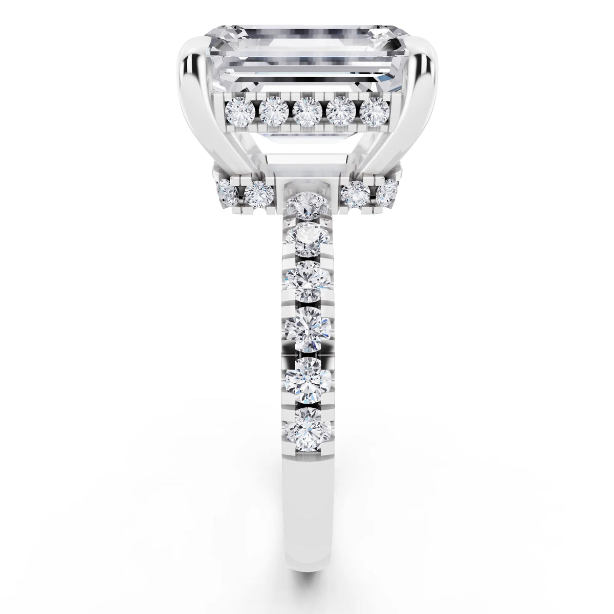 14 KT White Gold Emerald Cut Diamond Hidden Halo Tiger Prong Pave Band Ring - side view