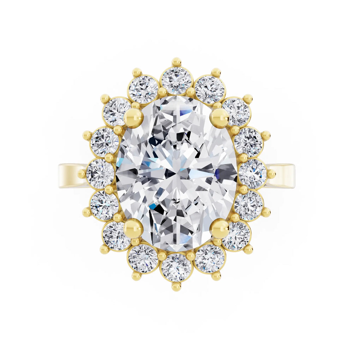 14 KT Yellow Gold Oval Cut Diamond Floral Halo Ring - Top down