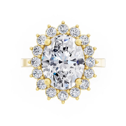 14 KT Yellow Gold Oval Cut Diamond Floral Halo Ring - Top down