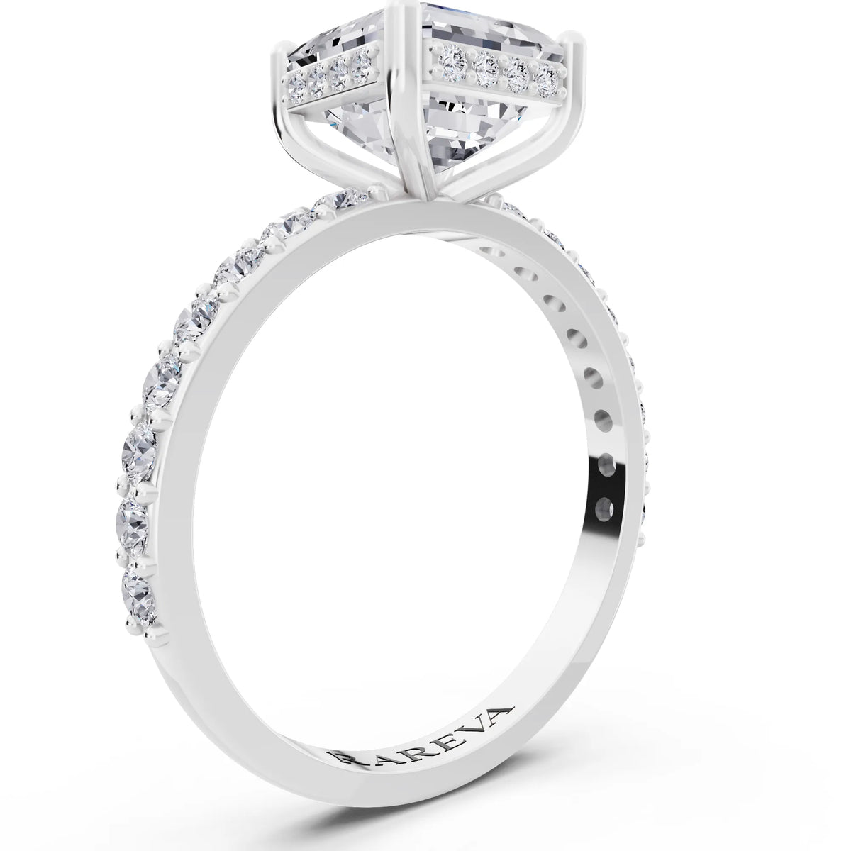 18 KT White Gold Asscher Cut Diamond Solitaire Ring with Hidden Halo and Pave Band - top view