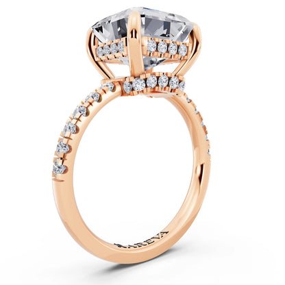 18 KT Rose Gold Asscher Cut Diamond Hidden Halo Tiger Prong Pave Band Ring - top view