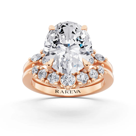 14 KT Rose Gold Oval Cut Diamond Ring with Curved Cluster Band - front view