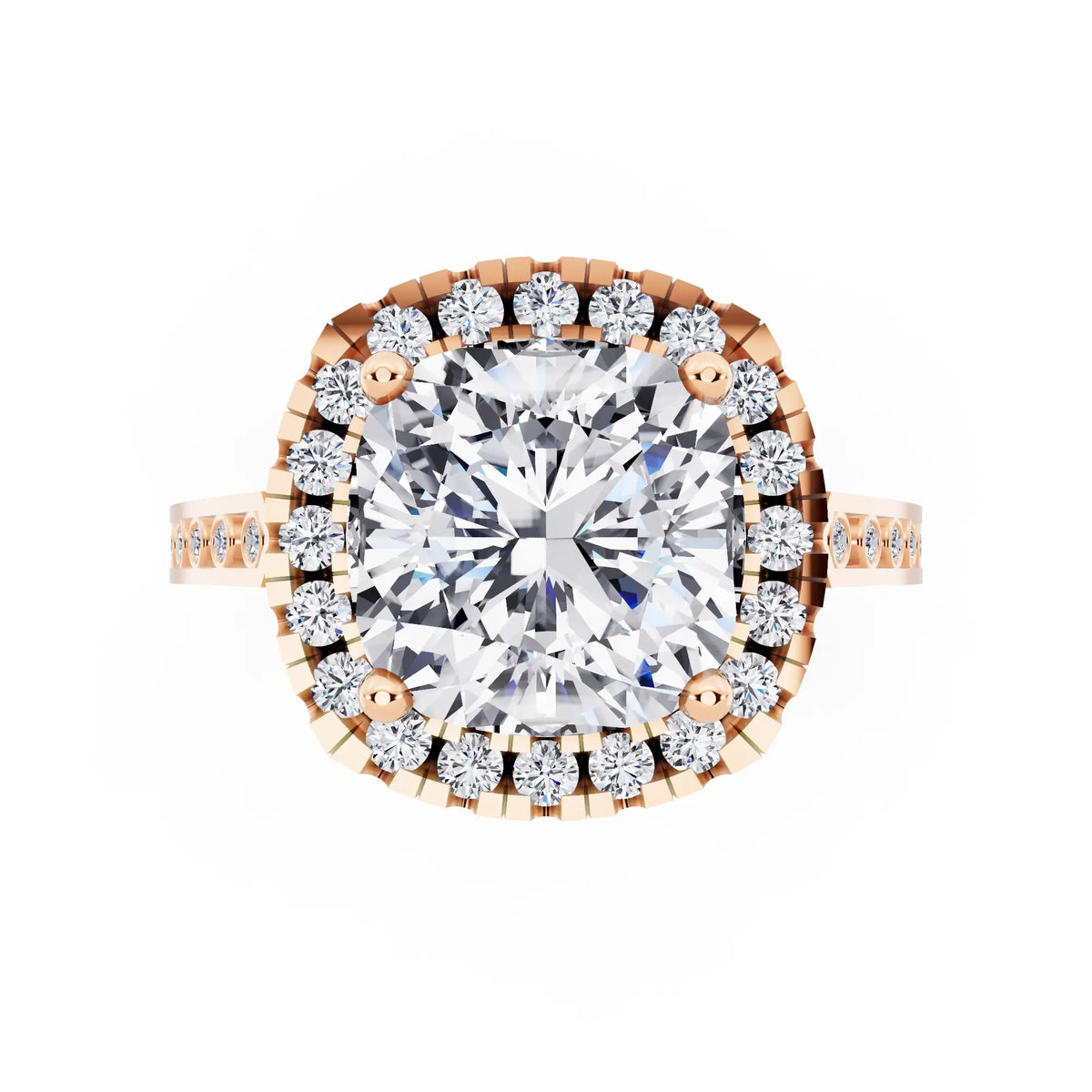 14 KT Rose Gold Cushion Cut Diamond Halo Ring with Bezel Accent Band - top angle