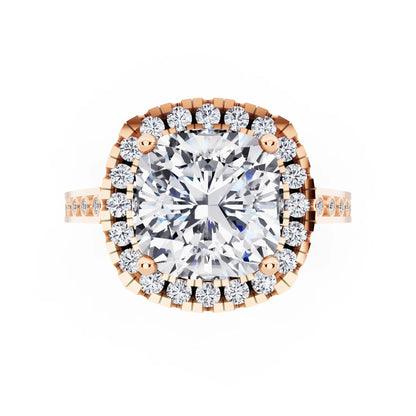 14 KT Rose Gold Cushion Cut Diamond Halo Ring with Bezel Accent Band - top angle