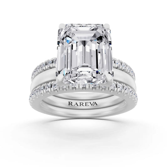 14 KT White Gold Emerald Cut Diamond Solitaire Twin Pave Band Stack Ring - front view