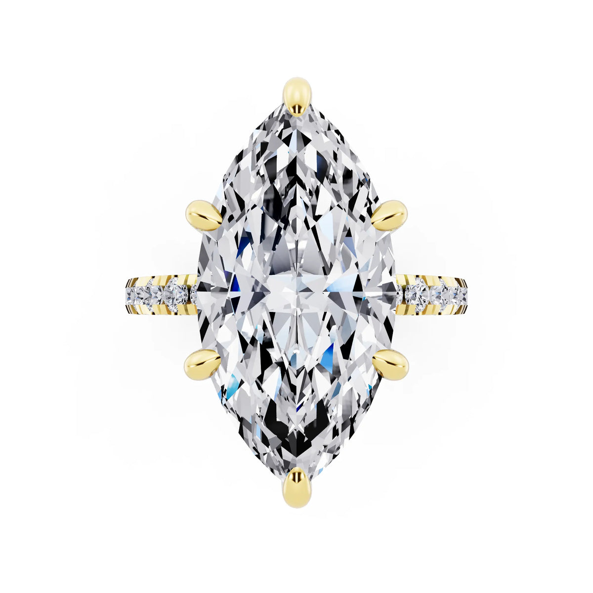 18 KT Yellow Gold Marquise Cut Diamond Hidden Halo Tiger Prong Pave Band Ring - top angle