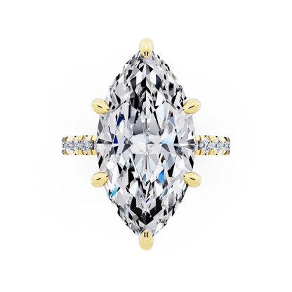 18 KT Yellow Gold Marquise Cut Diamond Hidden Halo Tiger Prong Pave Band Ring - top angle
