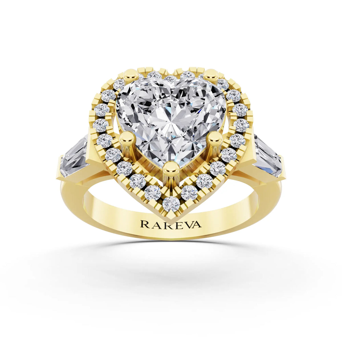 18 KT Yellow Gold Heart Cut Diamond Halo Ring with Baguette Accents - front view