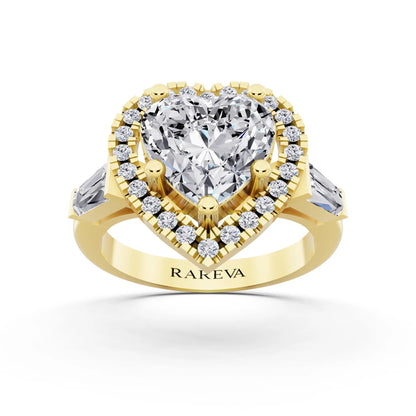 18 KT Yellow Gold Heart Cut Diamond Halo Ring with Baguette Accents - front view