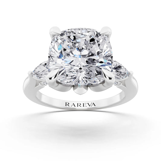 14 KT White Gold Cushion Cut Diamond Cluster Engagement Ring with Pear Accents and Pavé Band - front view