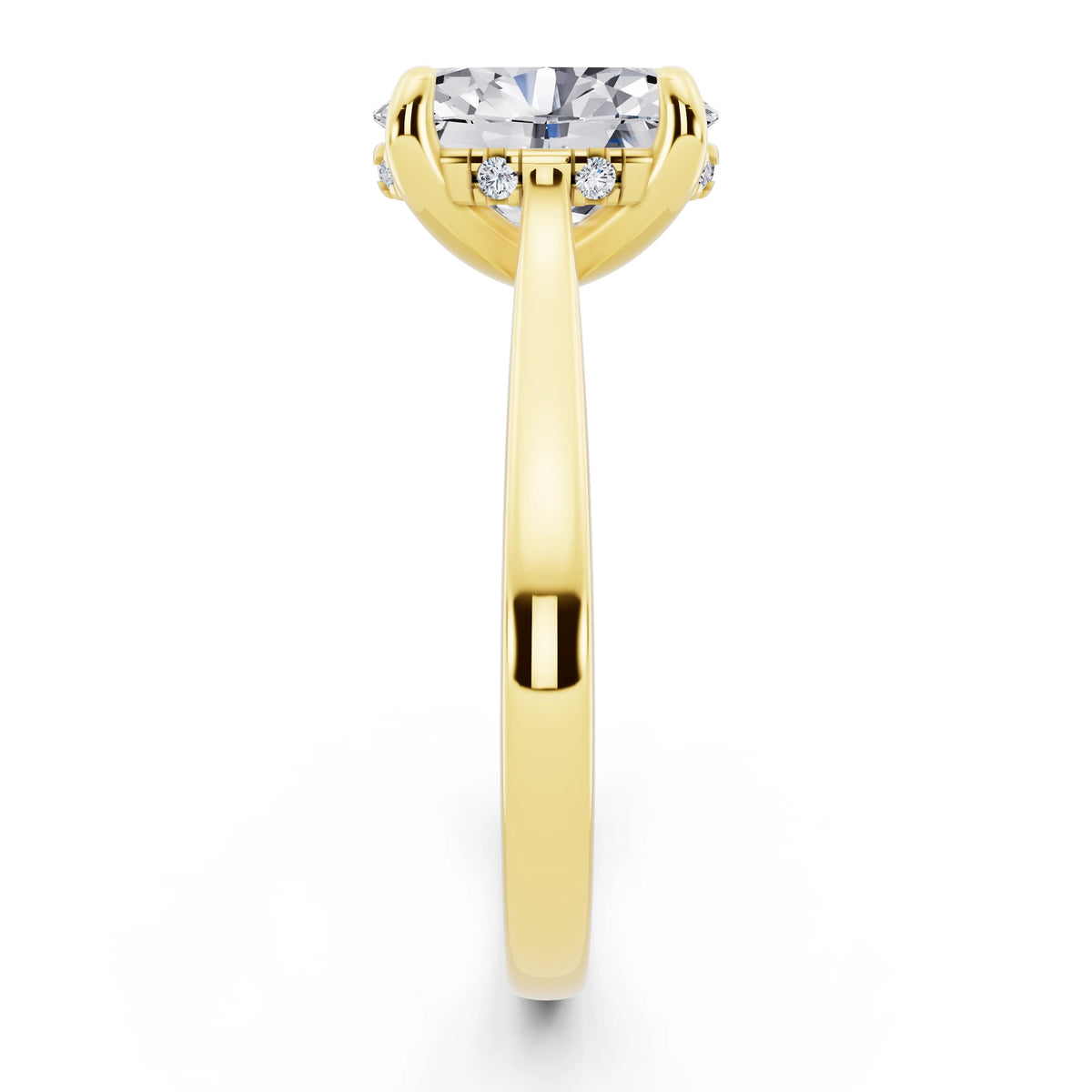 18 KT Yellow Gold Oval Cut Diamond Solitaire Ring with Cathedral Band - side view