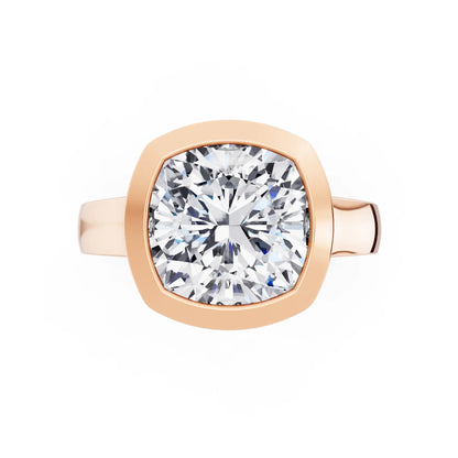 18 KT Rose Gold Cushion Cut Diamond Bezel Set Solitaire Ring - top angle