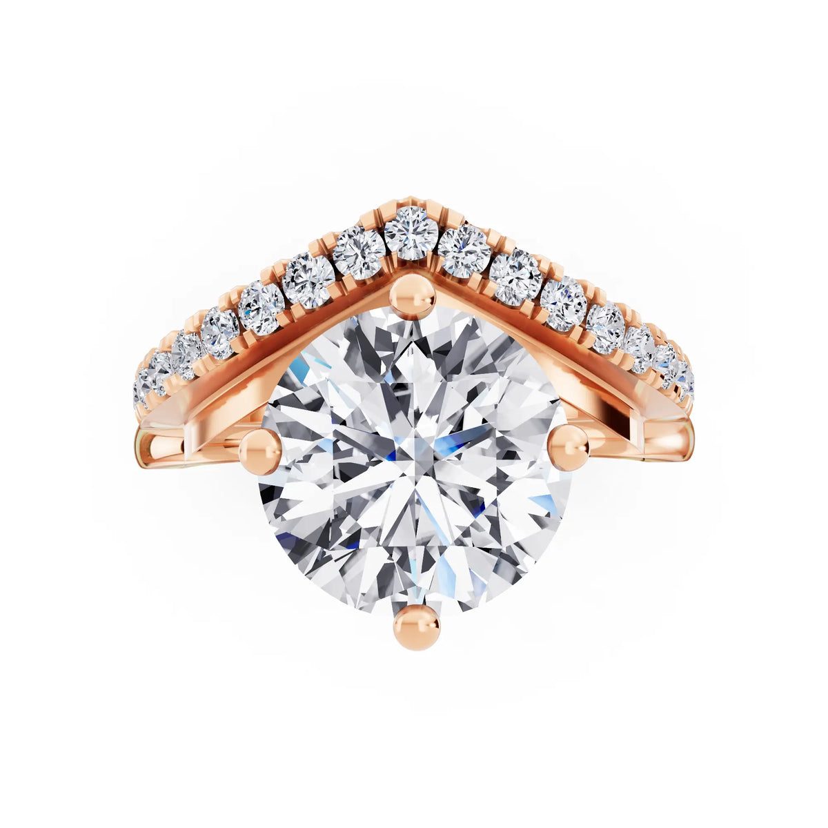 14 KT Rose Gold Round Cut Diamond Solitaire Ring with Pave V Band - Top down