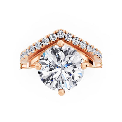 14 KT Rose Gold Round Cut Diamond Solitaire Ring with Pave V Band - Top down