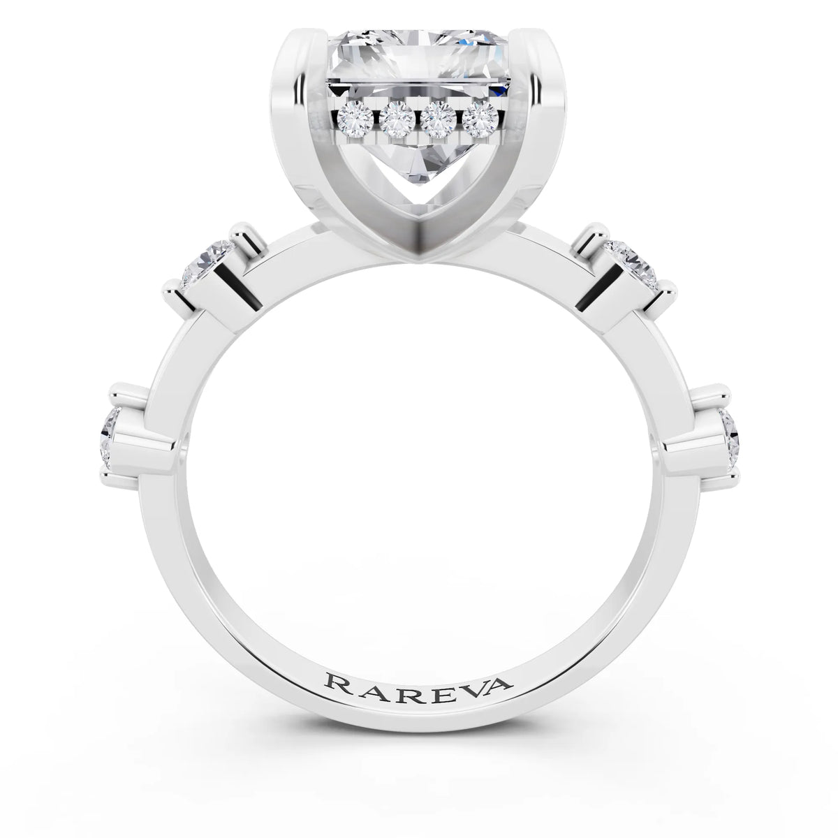 Platinum Radiant Cut Diamond Solitaire Ring with Floating Diamond Accents - through finger
