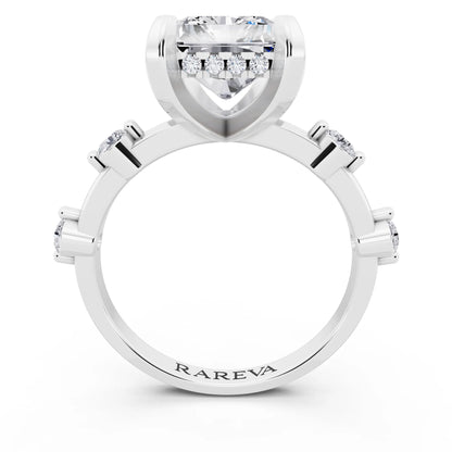Platinum Radiant Cut Diamond Solitaire Ring with Floating Diamond Accents - through finger