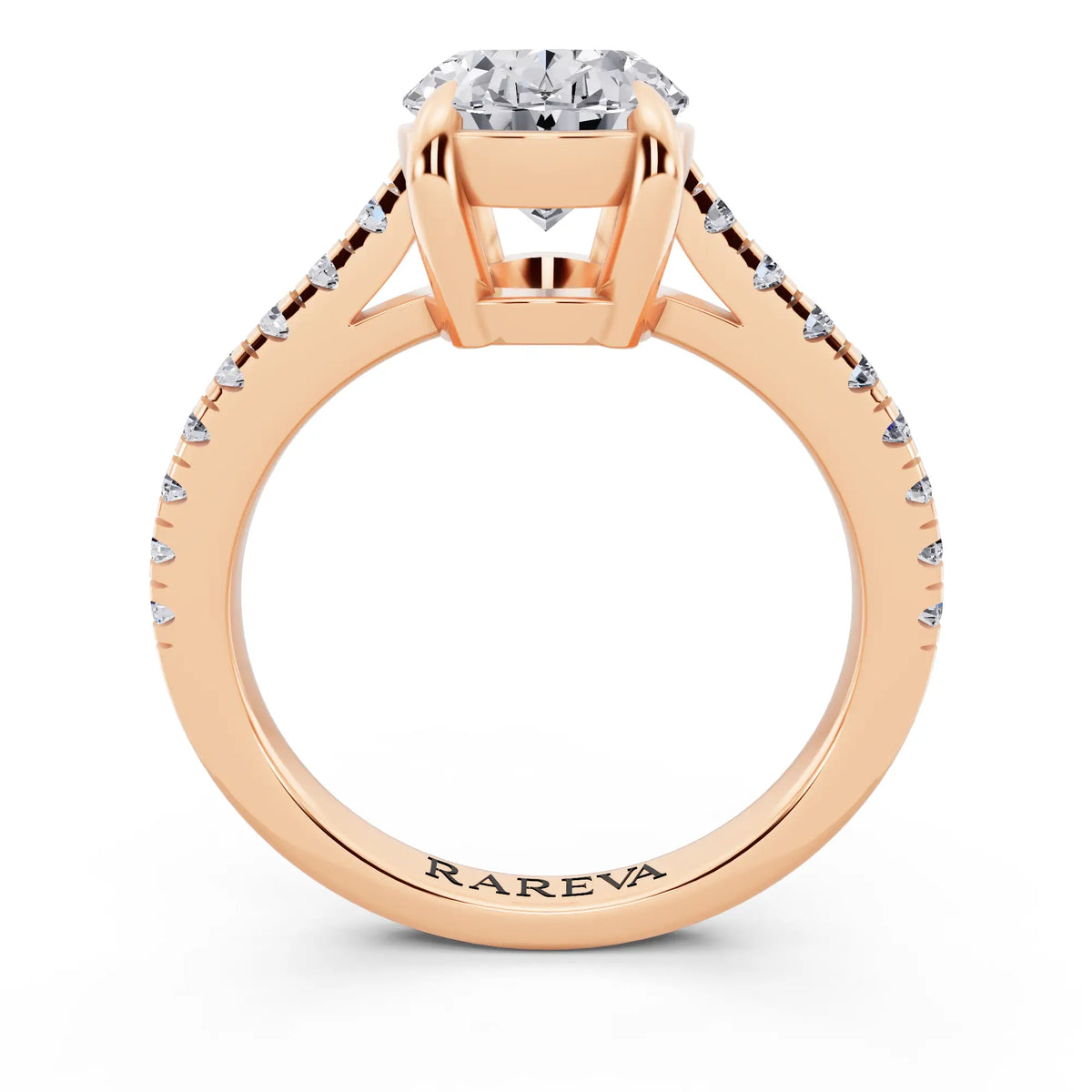 18 KT Rose Gold Oval Cut Diamond Claw Prong Solitaire Ring with French Pave Band - through finger
