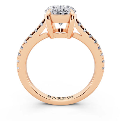 18 KT Rose Gold Oval Cut Diamond Claw Prong Solitaire Ring with French Pave Band - through finger
